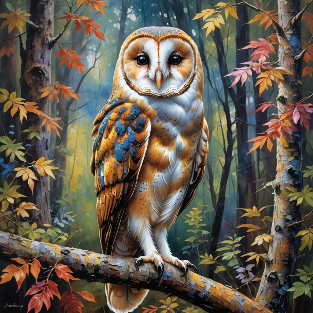 Colorful Barn Owl Portrait in Oil Painting Style