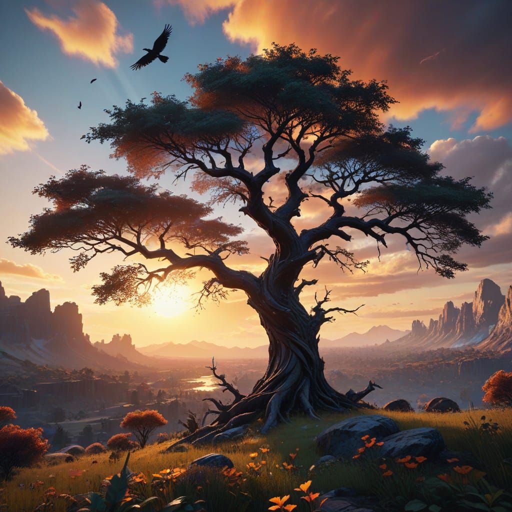 Surreal Summer Landscape with Majestic Bird in Flight