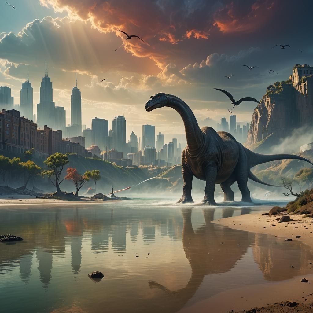 Brontosaurus and Pterodactyl in Prehistoric Landscape