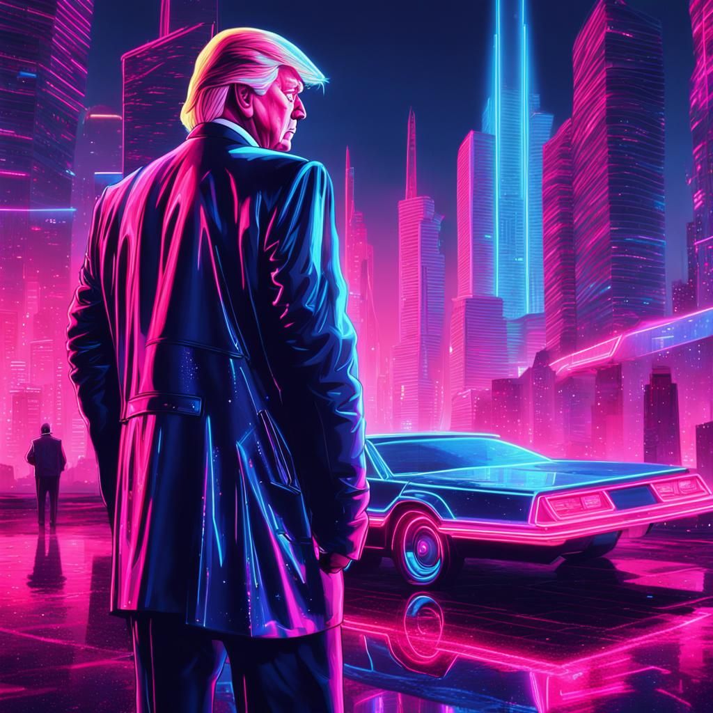 Retrofuturistic Donald Trump in Neon Cityscape