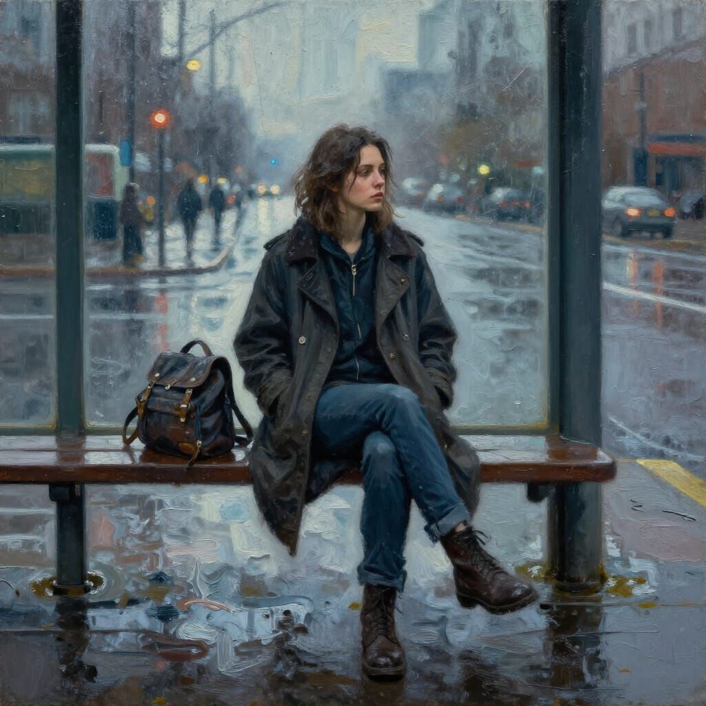 Expressive Oil Painting of Woman at Dawn Bus Stop