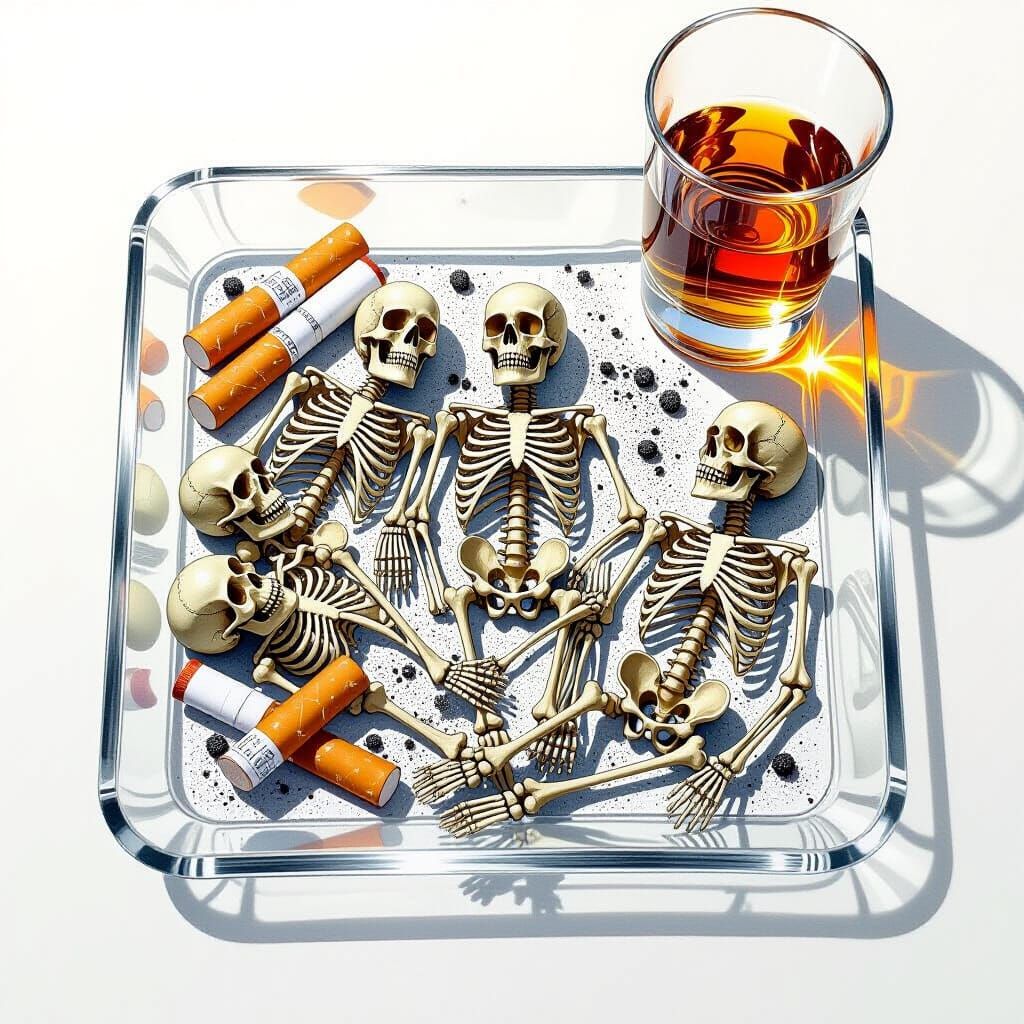 Surreal Ashtray Scene with Microscopic Skeletons
