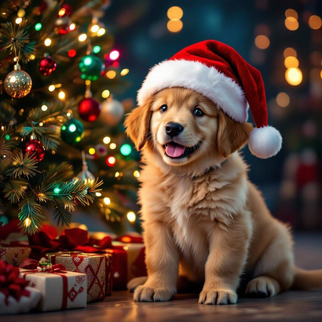 Happy Golden Retriever Puppy by Christmas Tree