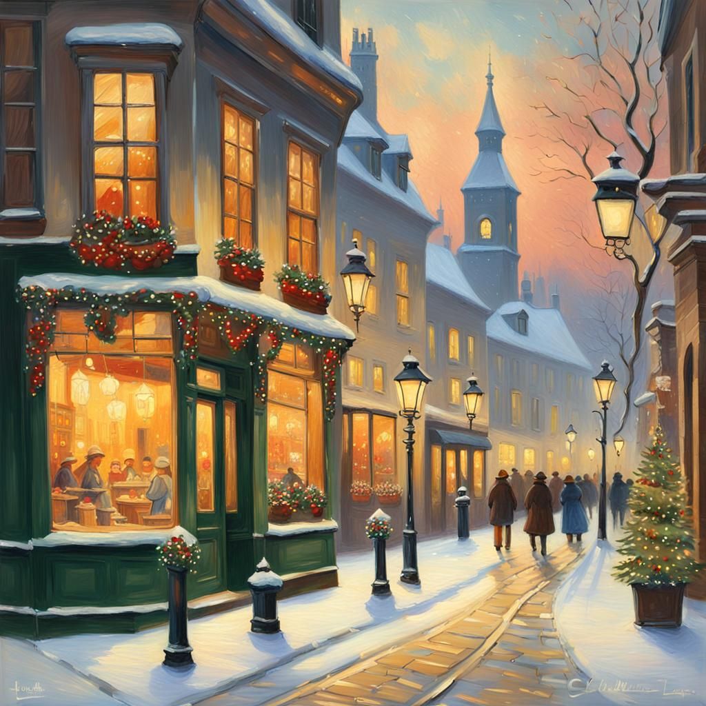 Charming Winter Town at Dusk: An Impressionist Painting