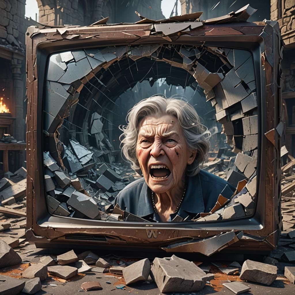 Angry Woman Shatters TV Screen: Detailed Digital Art