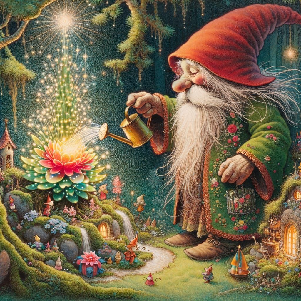 Whimsical Gnome Tends Enchanted Garden with Glowing Gifts