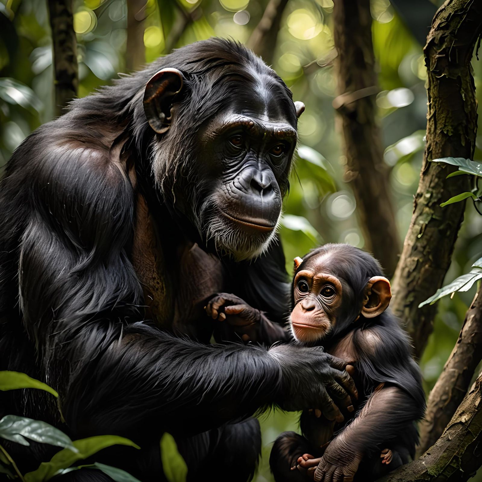 Chimpanzee Mother and Baby in Jungle Wildlife Photo