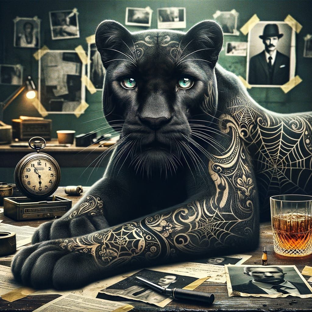 Gothic Tattoo Panther on Detective's Desk