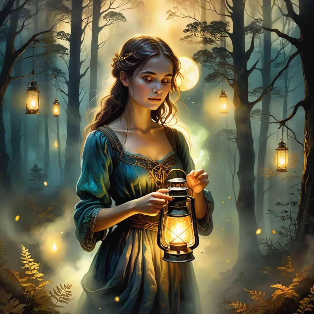 Ethereal Woman with Lantern in Fantasy Forest