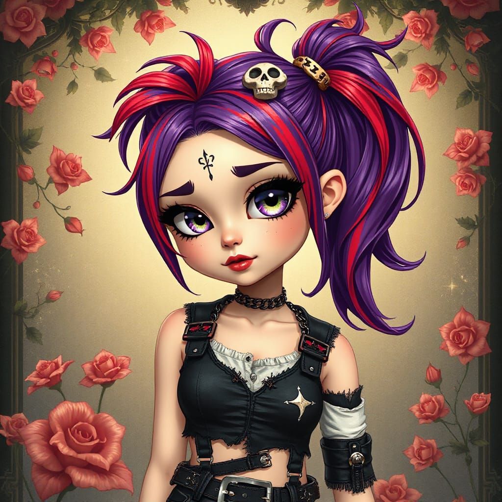 Adorable Goth Punk Woman with Purple-Red Hair and Skull Clip