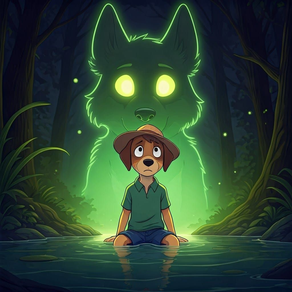 Worried Cartoon Dog in Eerie Animated Scene