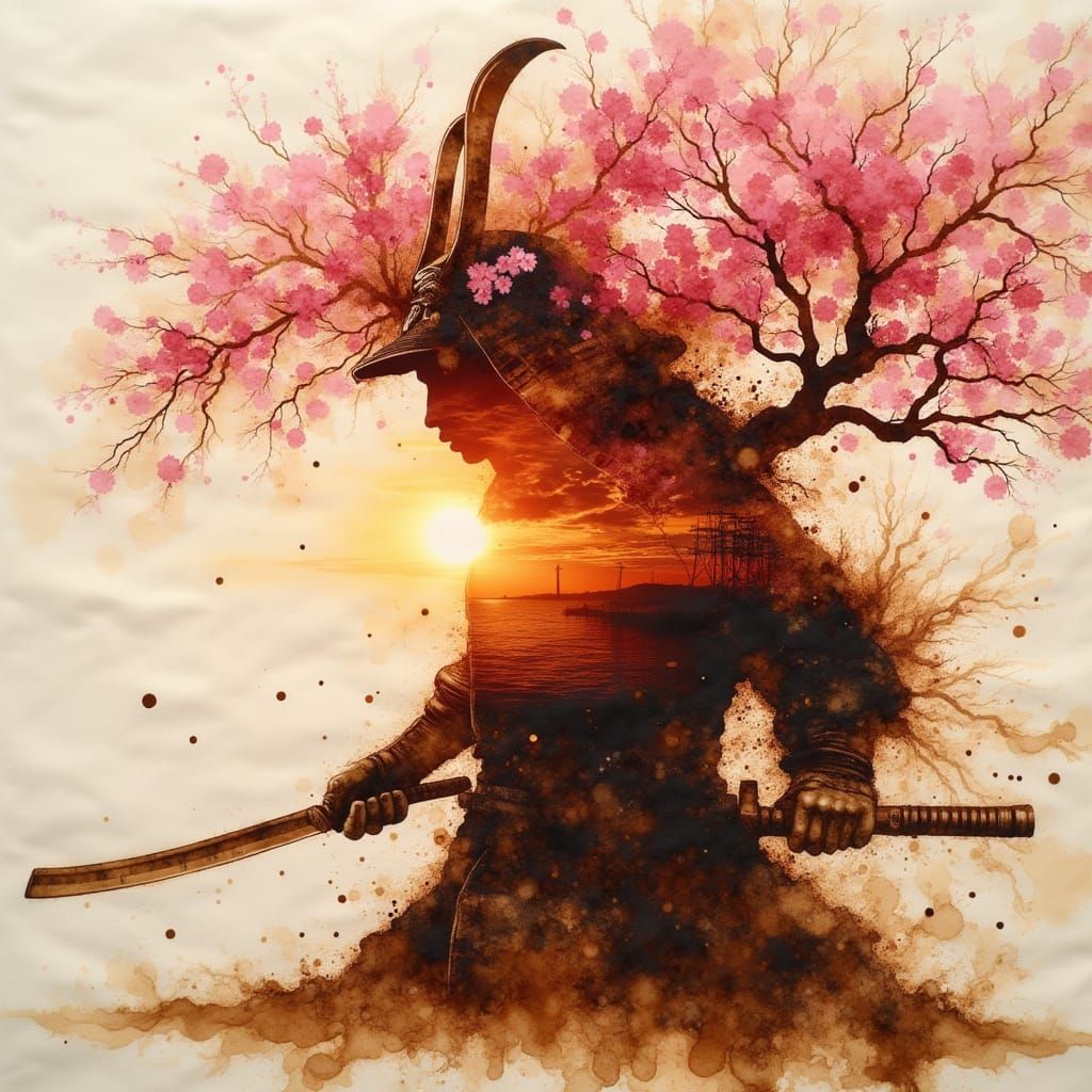 Sakura Sunset Samurai Double Exposure Art