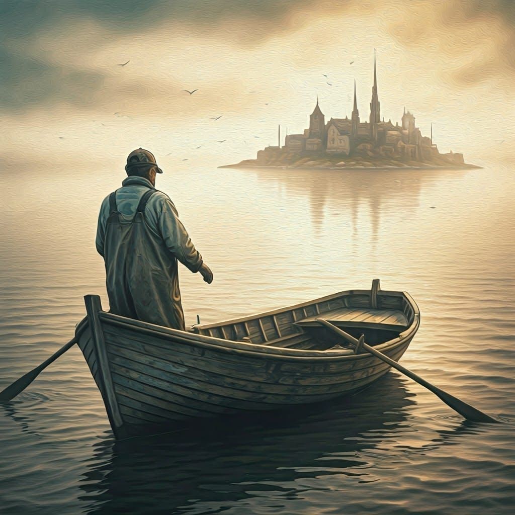 Fisherman at Dawn: Neo-Impressionist Oil Painting