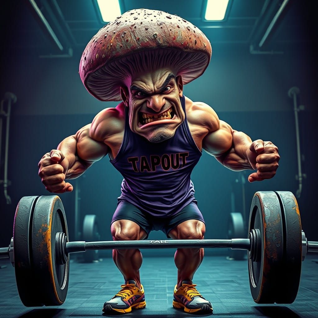 Cyberpunk Powerlifter Mushroom in Epic Gym Pose