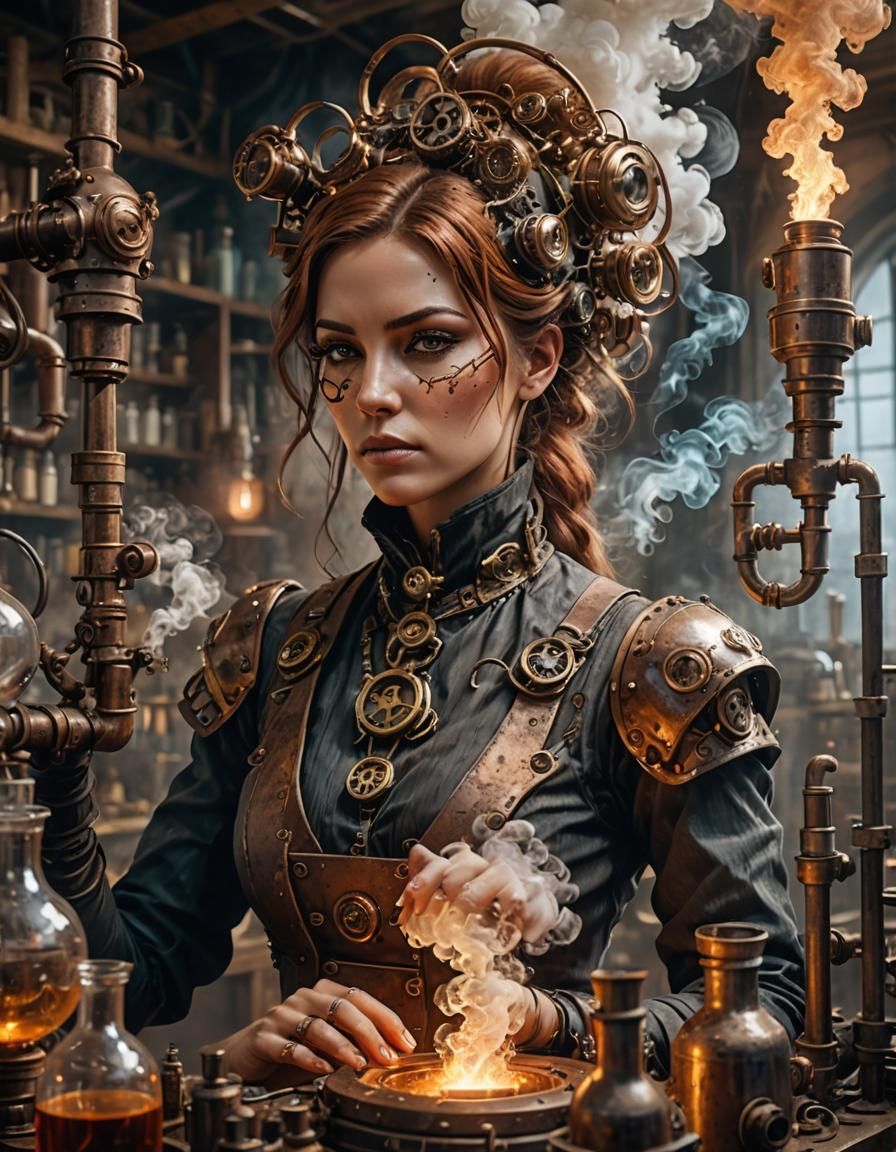 Alchemist in Steampunk Laboratory Concept Art