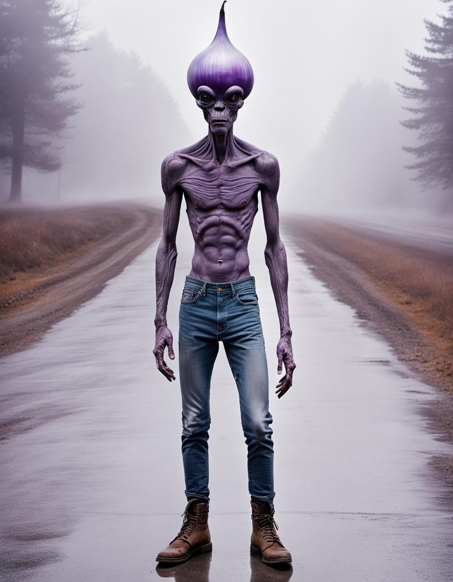 Uncanny Purple Onion Alien in Jeans: Vintage Photograph