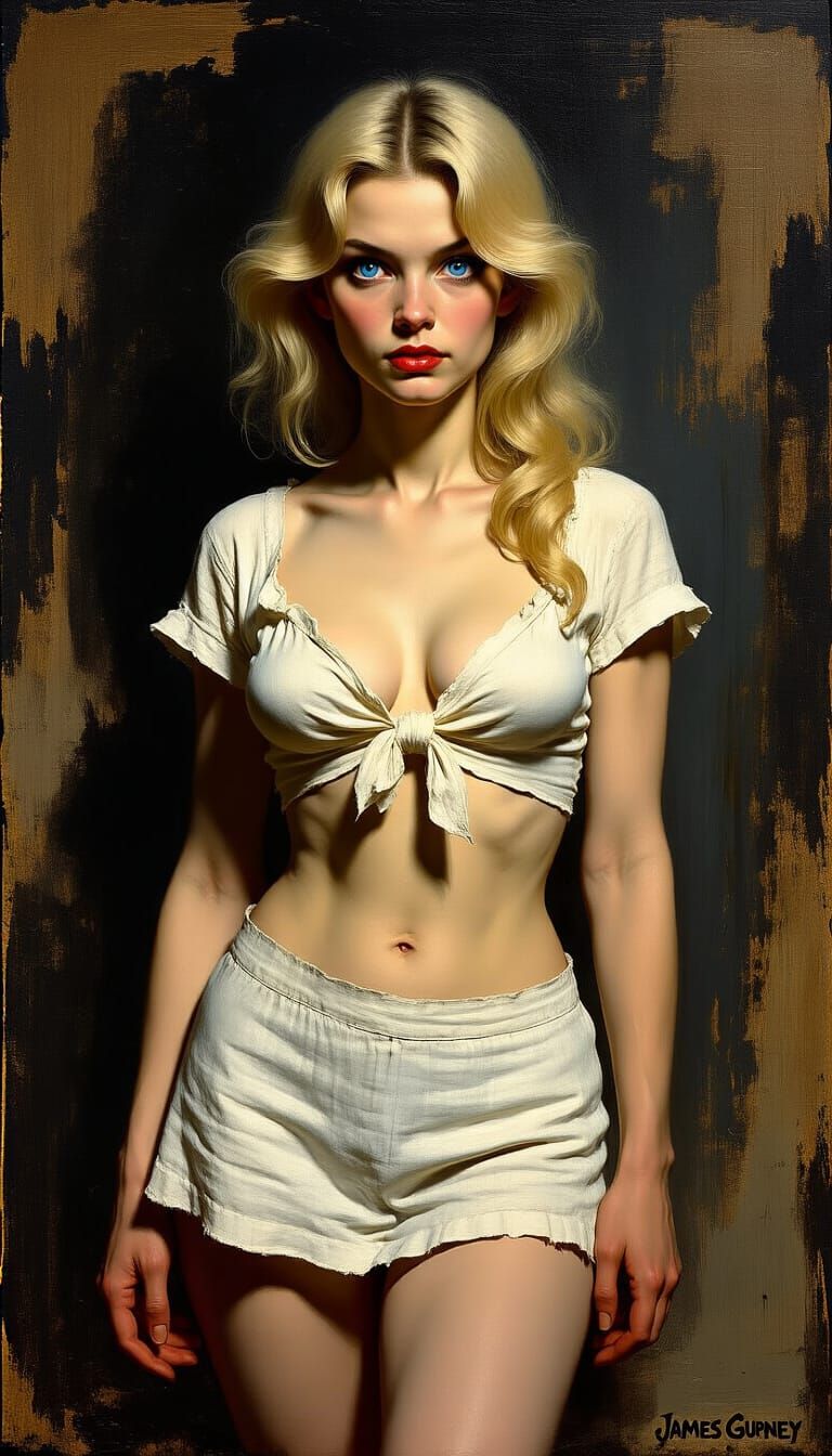 Blonde Woman in Linen Skirt: Realism Oil Painting