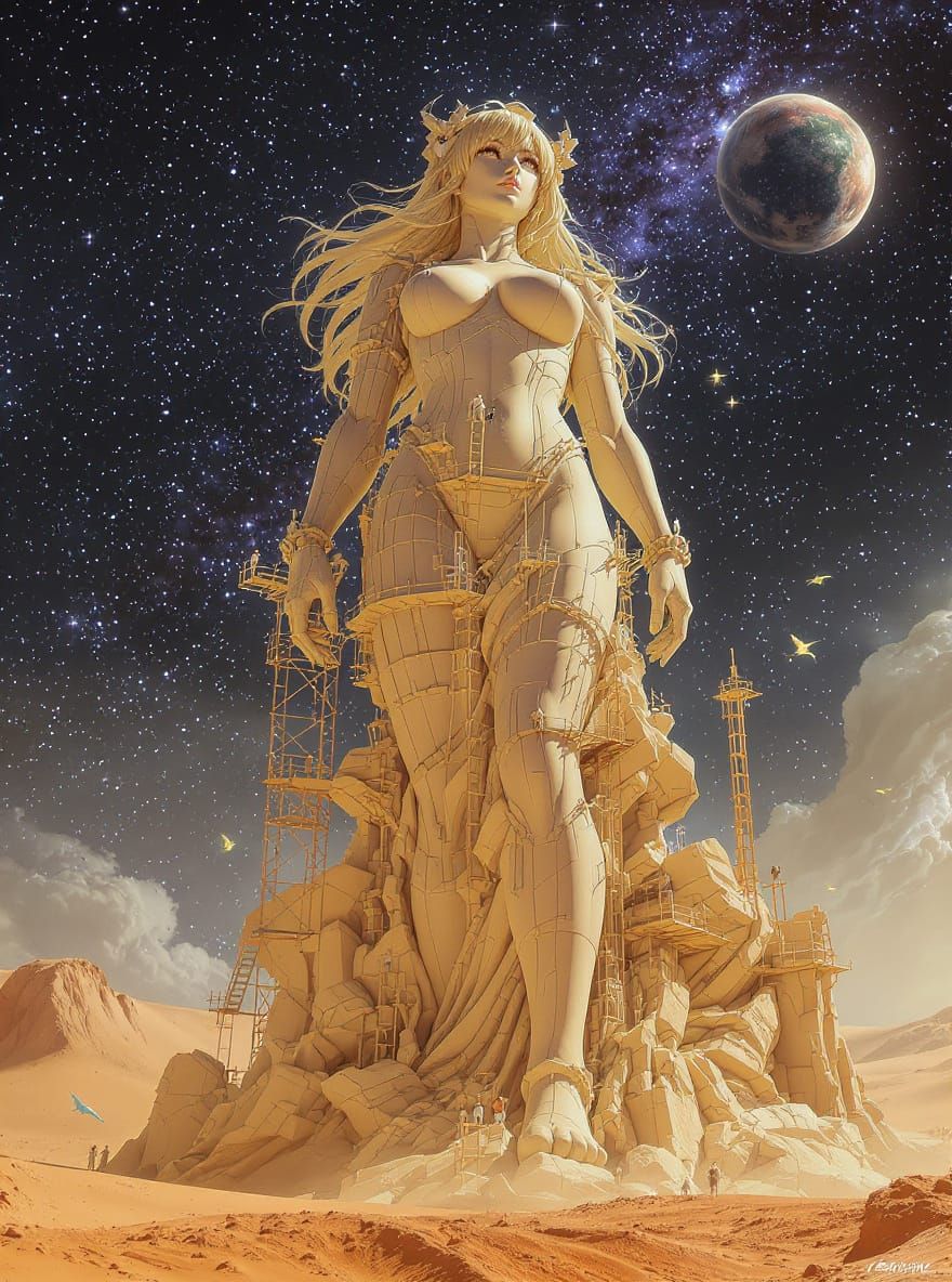 Anime Woman Monument on Desert Planet