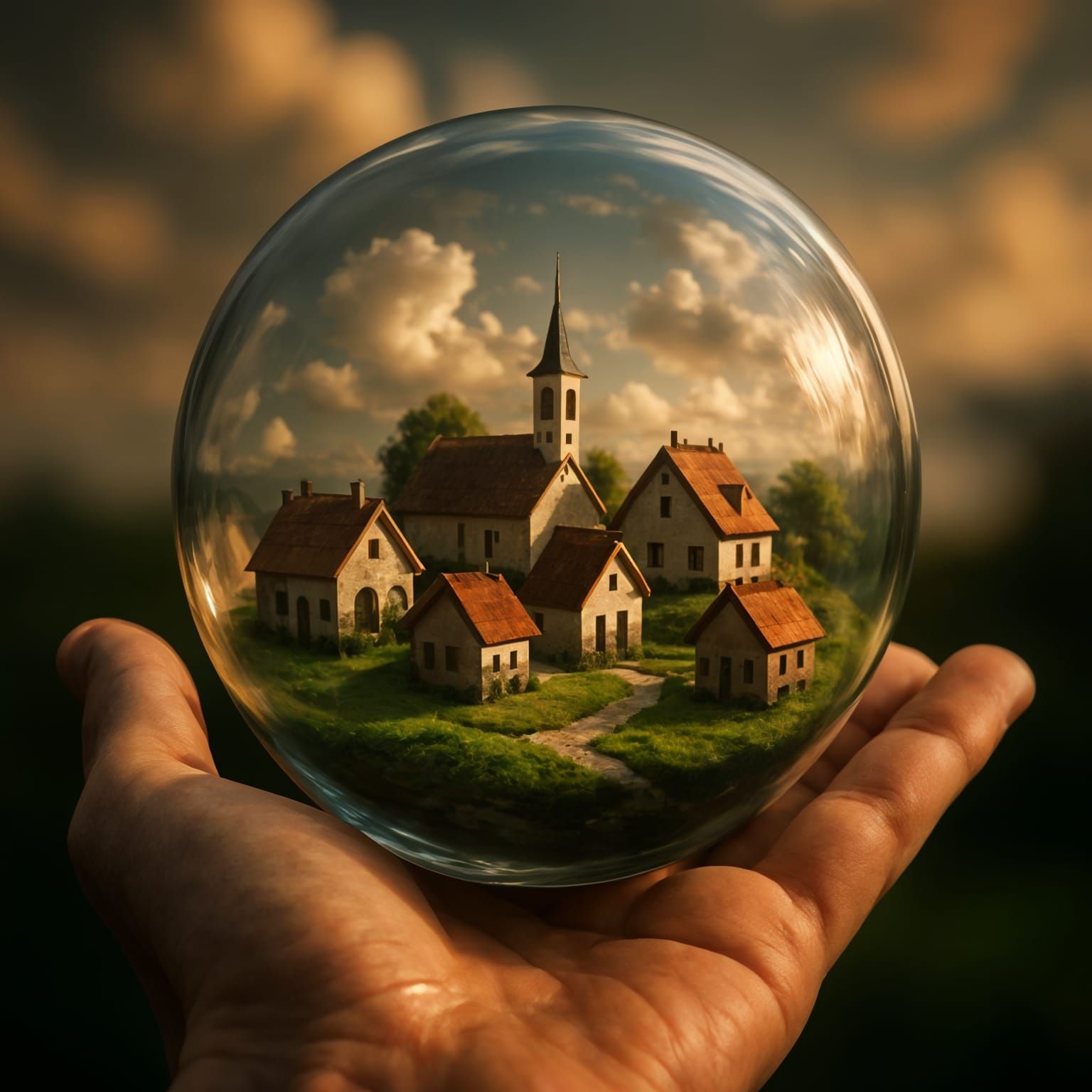 Miniature Village Inside Glass Orb on Hand