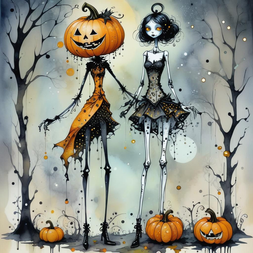 Whimsical Pumpkin Figure in Pointillist Style