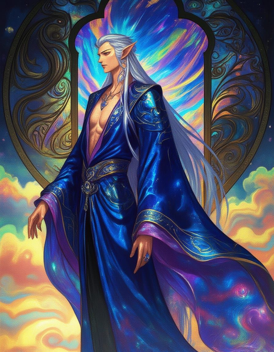 Celestial Elf in Magical Robe, Oriental Backdrop, Stained Gl...
