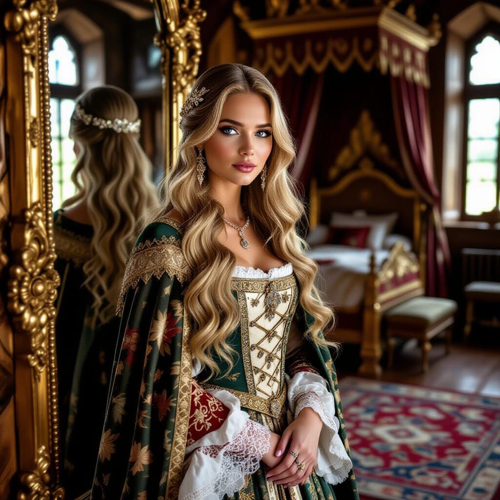Medieval Noblewoman in Opulent Chamber, Art Nouveau Style