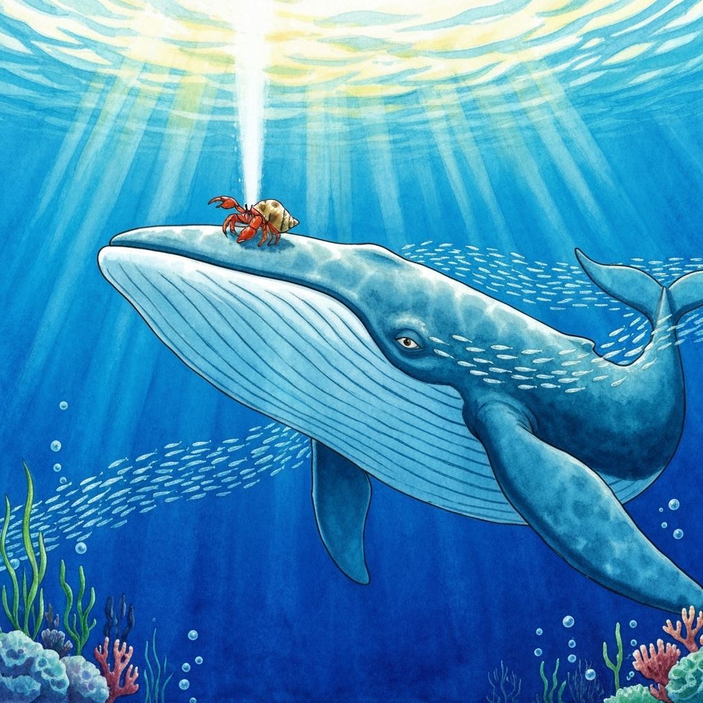 Whale Guided by Crab in Sunlight Ocean Depths