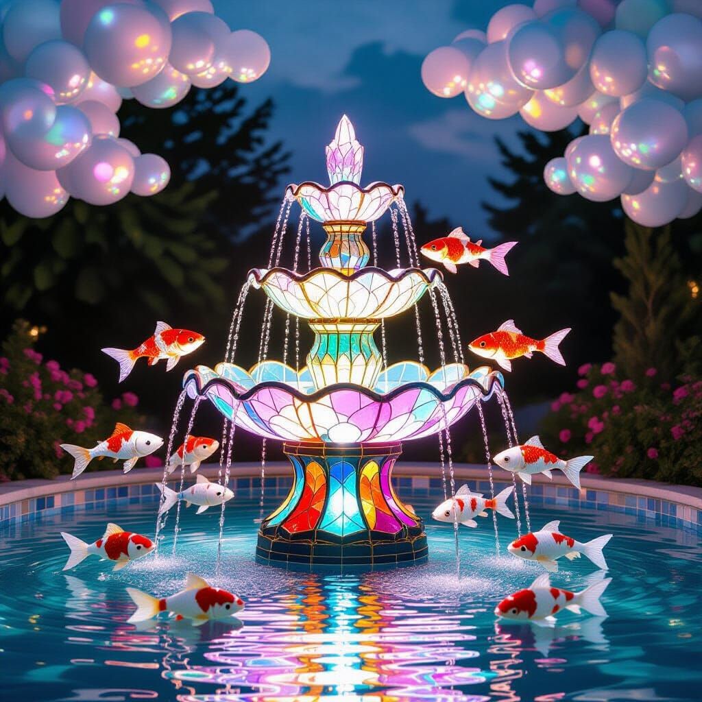 Stained-Glass Fountain with Crystal Koi in Hyper-Realism