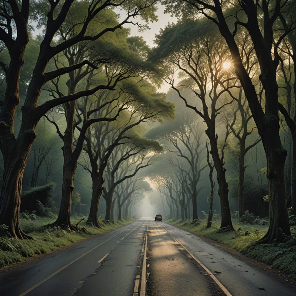 Ancient Trees Line a Winding Road in Golden Light