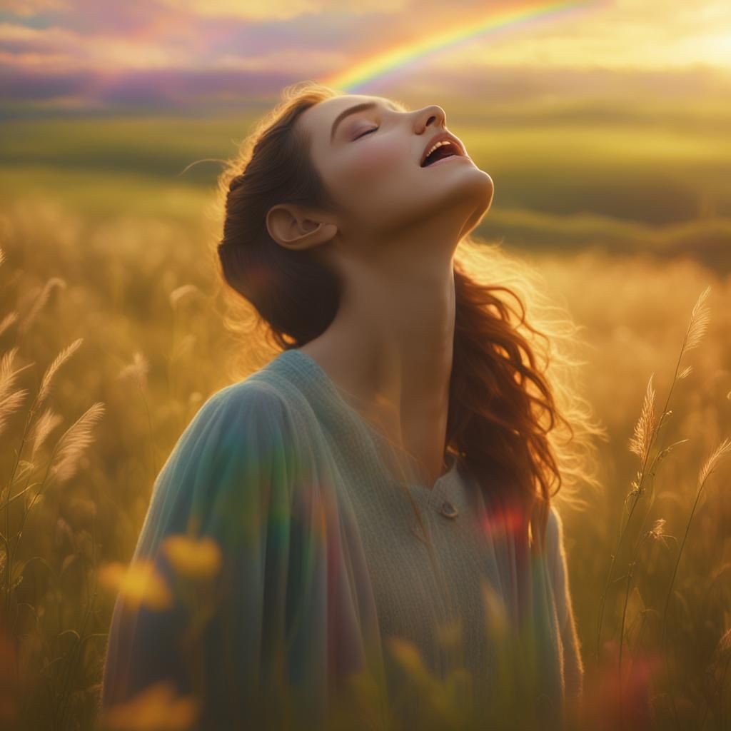 Woman Singing in Meadow with Rainbow: Dreamy Film Still