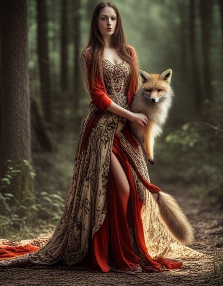 Woman in Elegant Forest with Fox