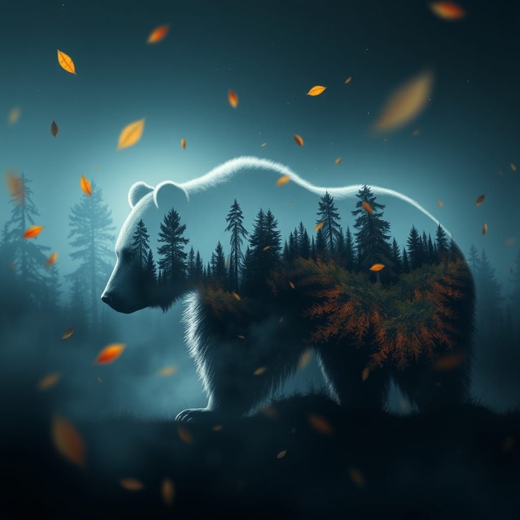 Double Exposure Bear in Autumnal Forest