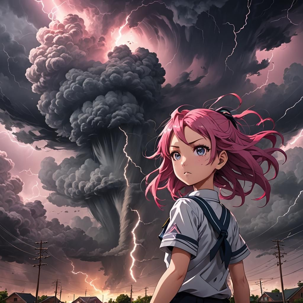 Anime Girl Confronts Tornado in Cel-Shaded Style