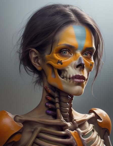 Skeleton woman, beautiful face and eyes, Red yellow Orange g...