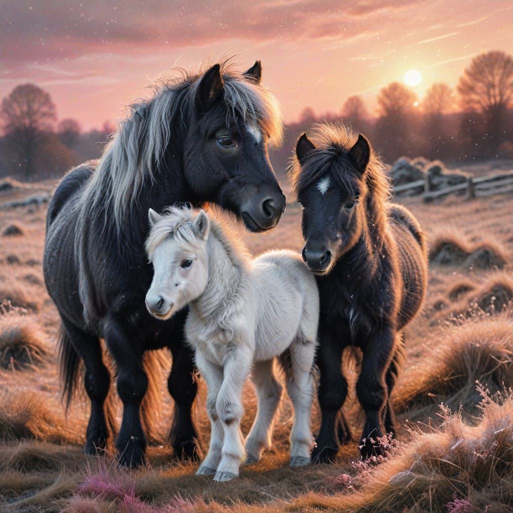 Shetland Pony and Foal: Charcoal Pencil Drawing