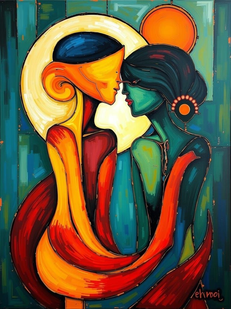 Abstract Cubist Embrace in Emerald and Ruby Hues