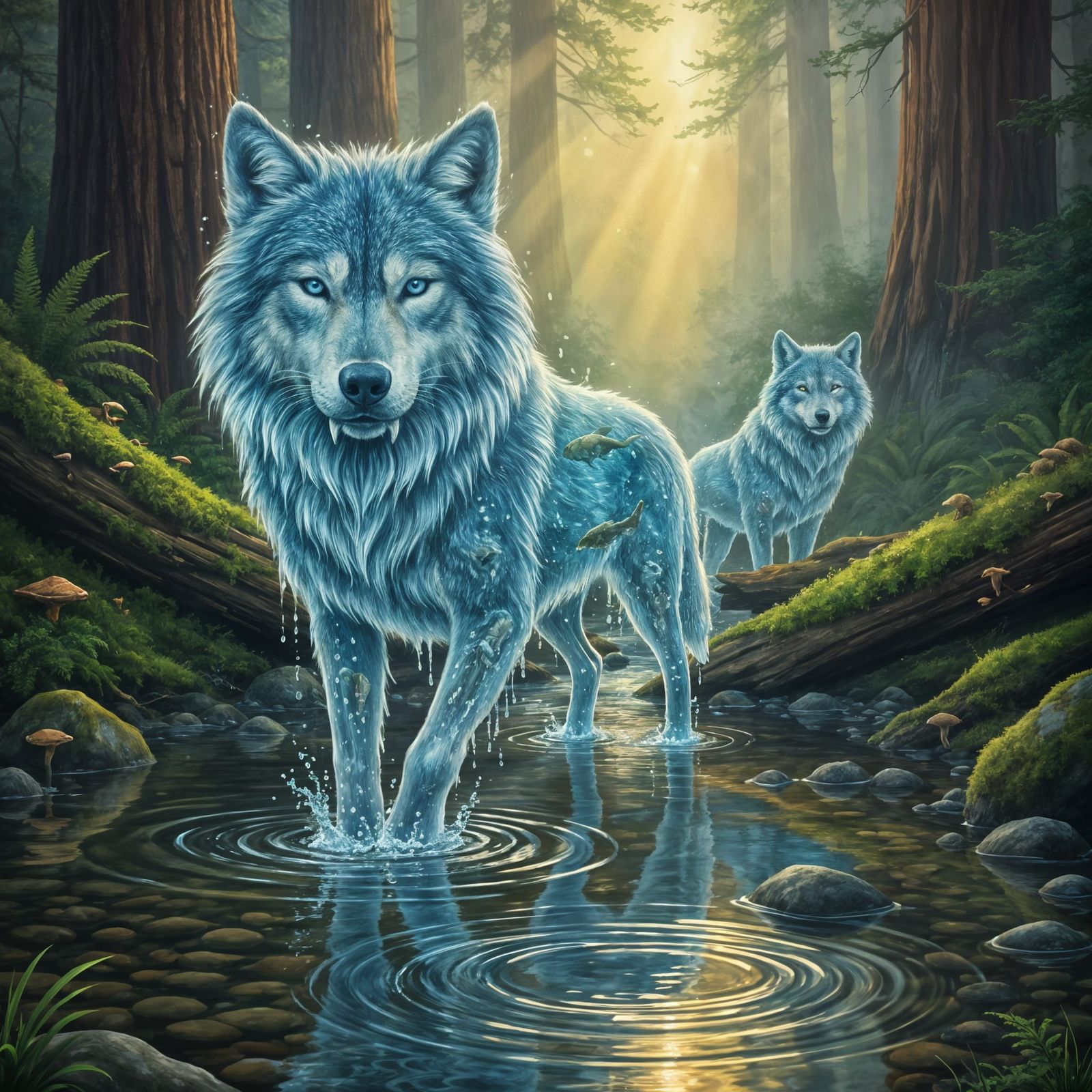 Water Wolves in Forest Stream Oil Painting