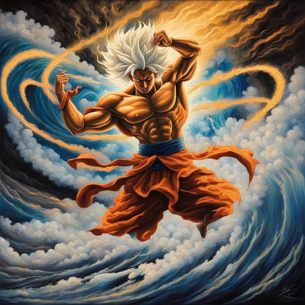 Warrior's Kamehameha Against Swirling Shadows