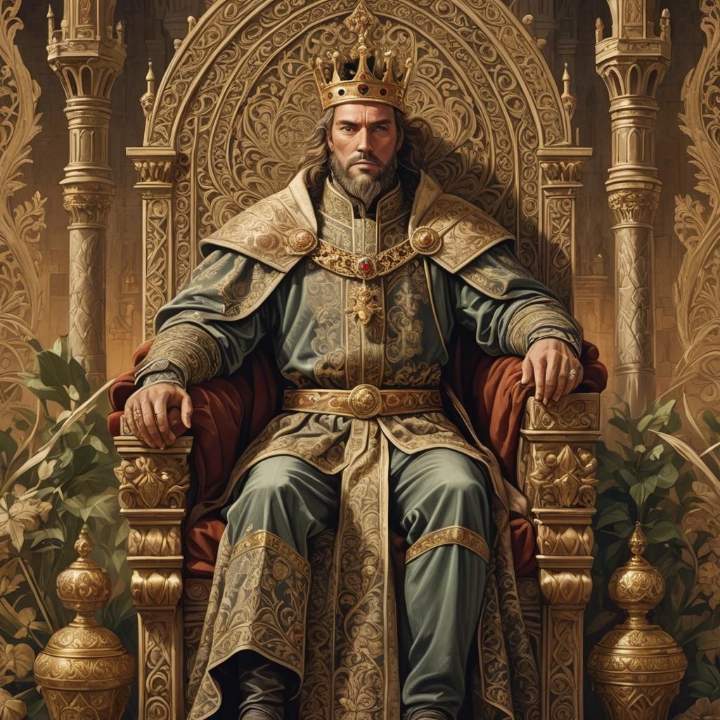 Majestic King on Throne, Medieval-Inspired Illustration
