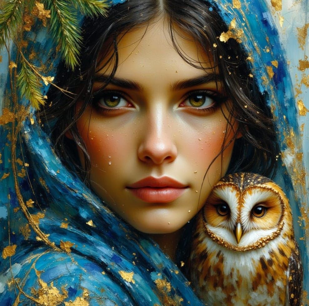 Athena in Sapphire Blue: Romantic Impasto Painting