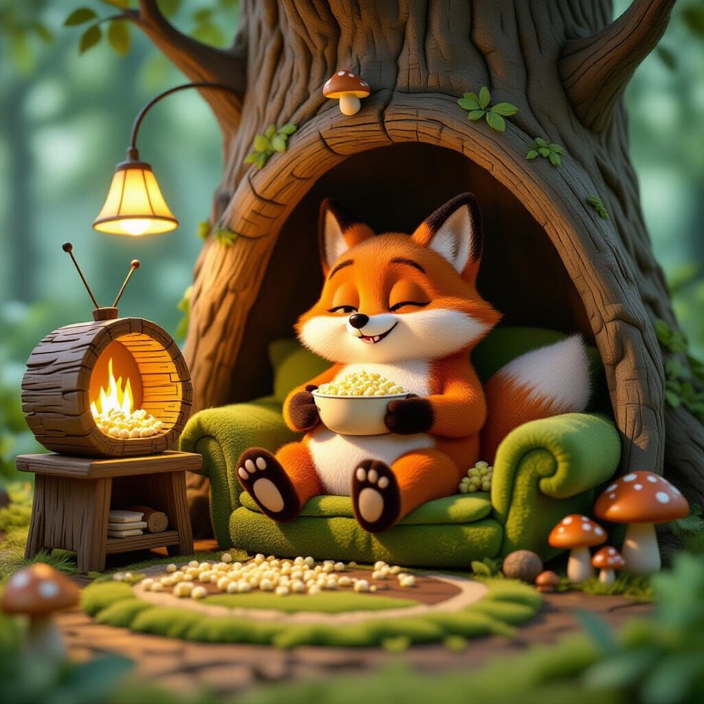 Cartoon Fox Lounging in Cozy Forest Living Room