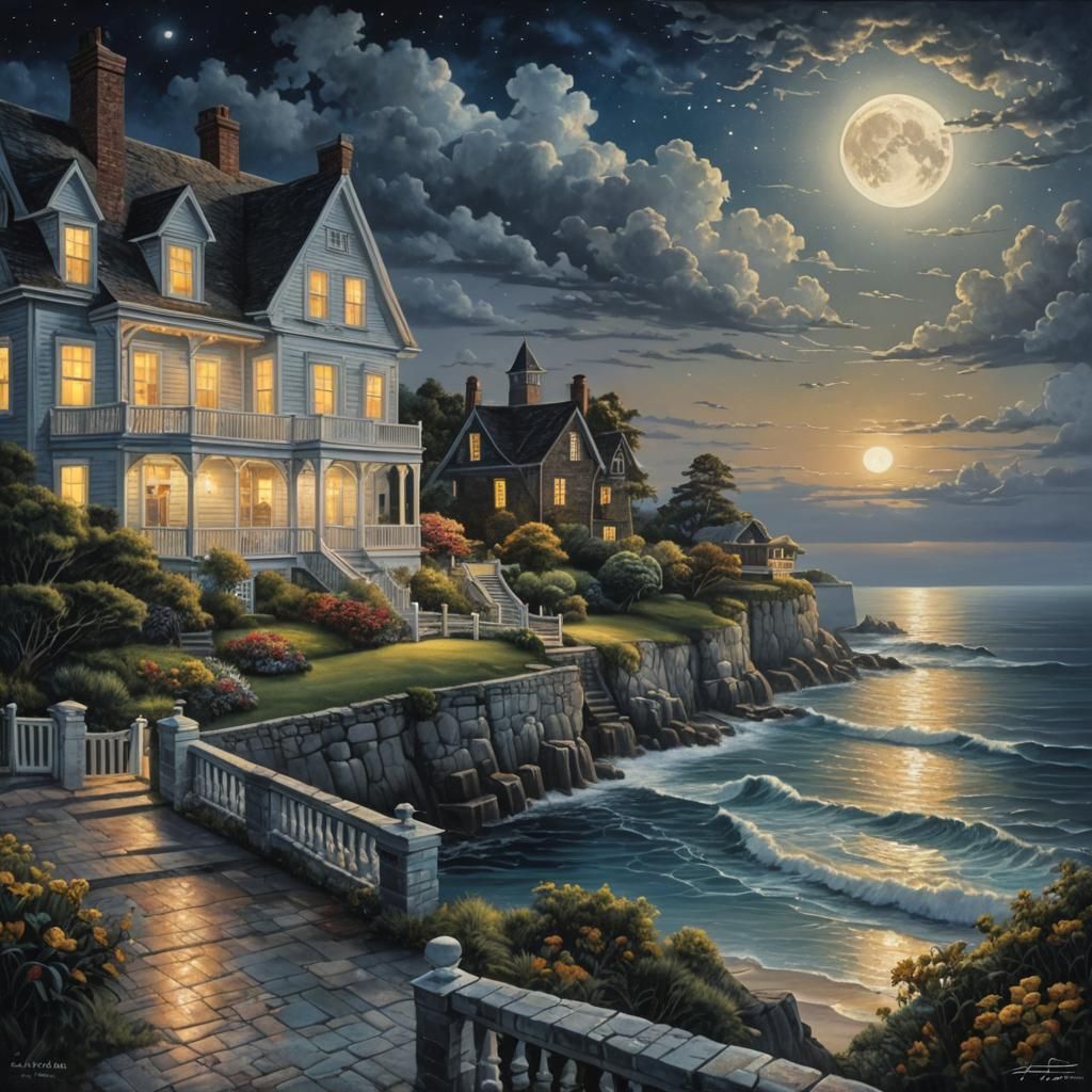 Moonlit Manor Overlooking Ocean at Night