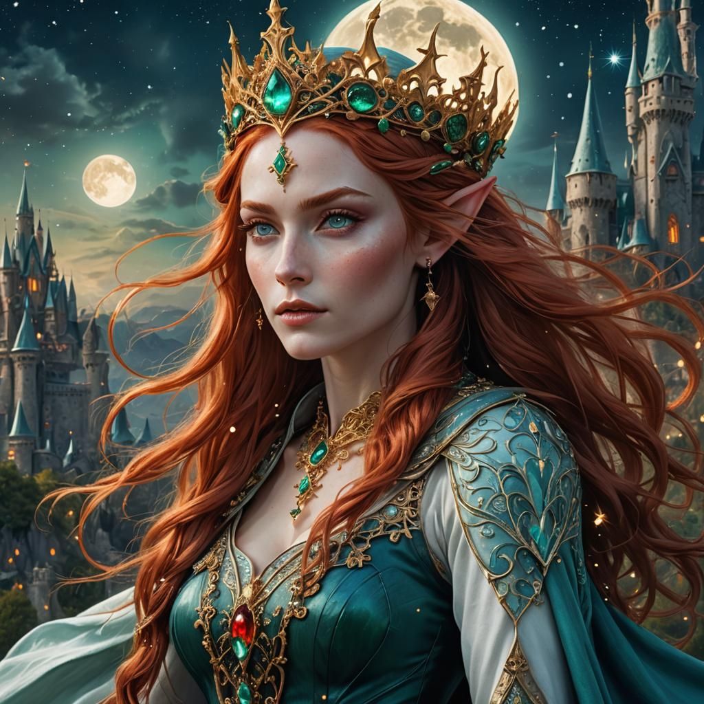 Elven Woman with Red Hair in Fantasy Landscape