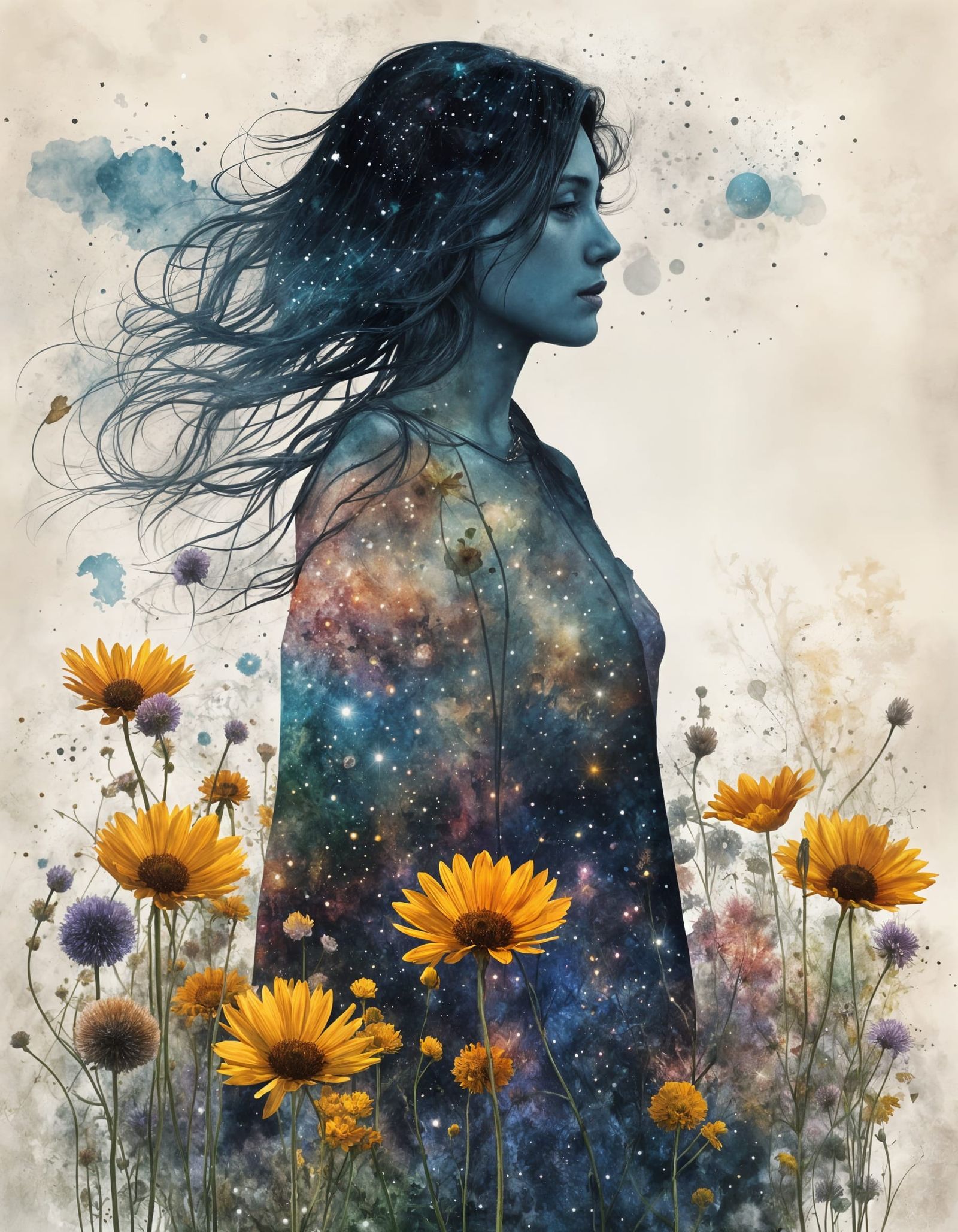 Nebula Woman in Wildflower Field: Surreal Art