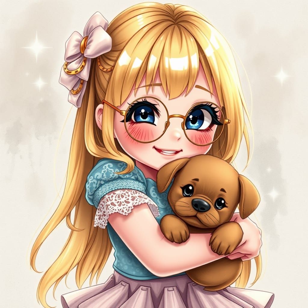 Cute Anime Girl Hugging Puppy in Pencil Sketch Style