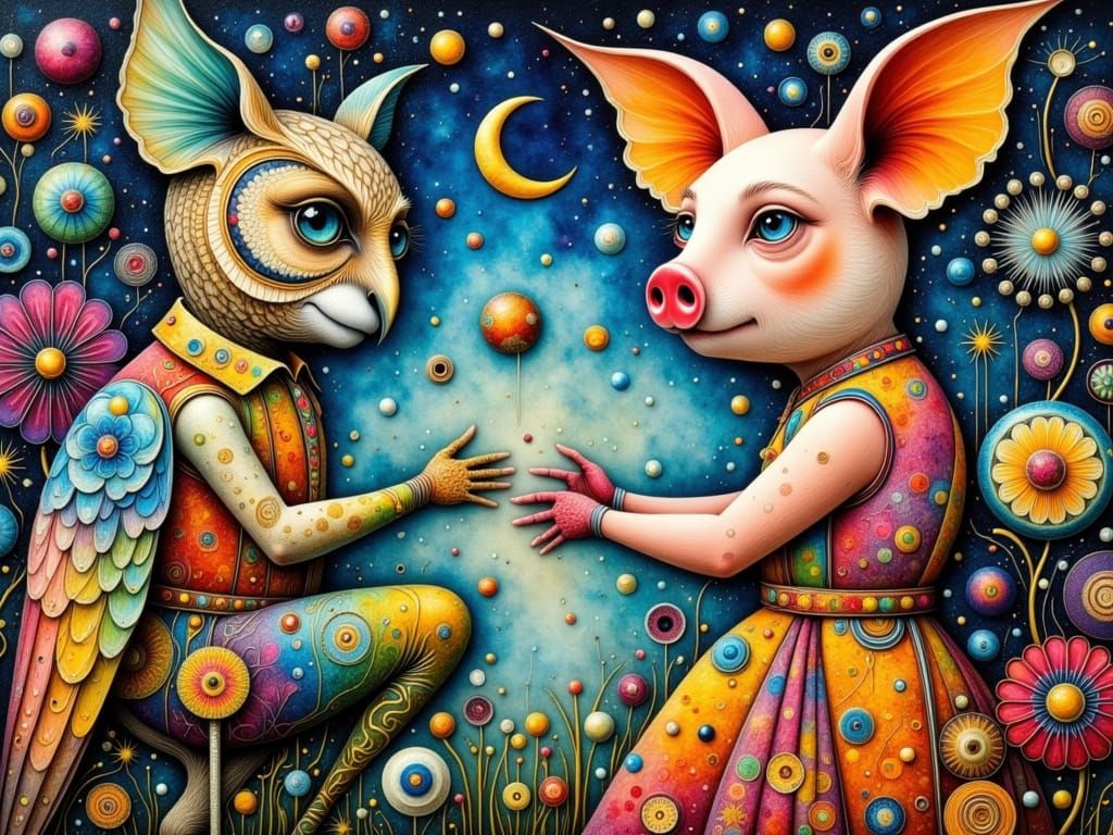 Owl and Pussycat Betrothal in Cubist Landscape