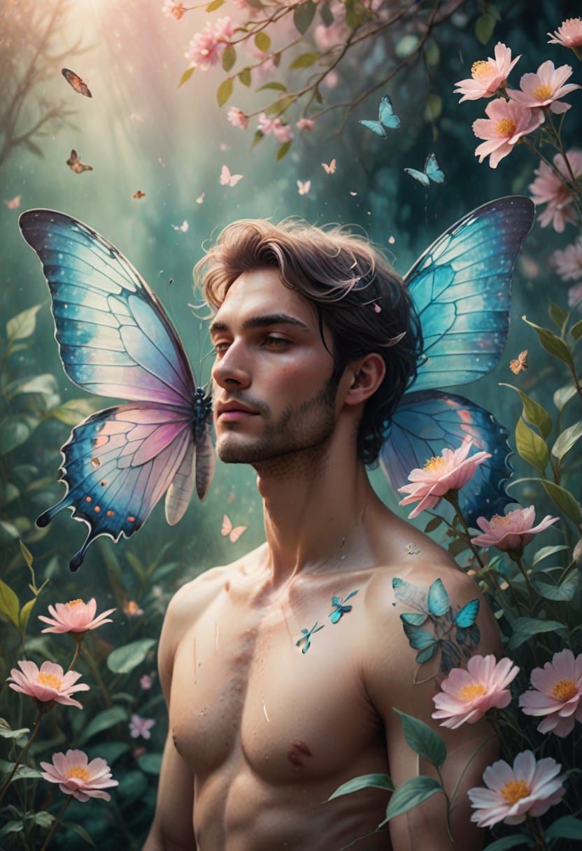 Ethereal Gentleman with Butterfly Wings in Blooming Paradise