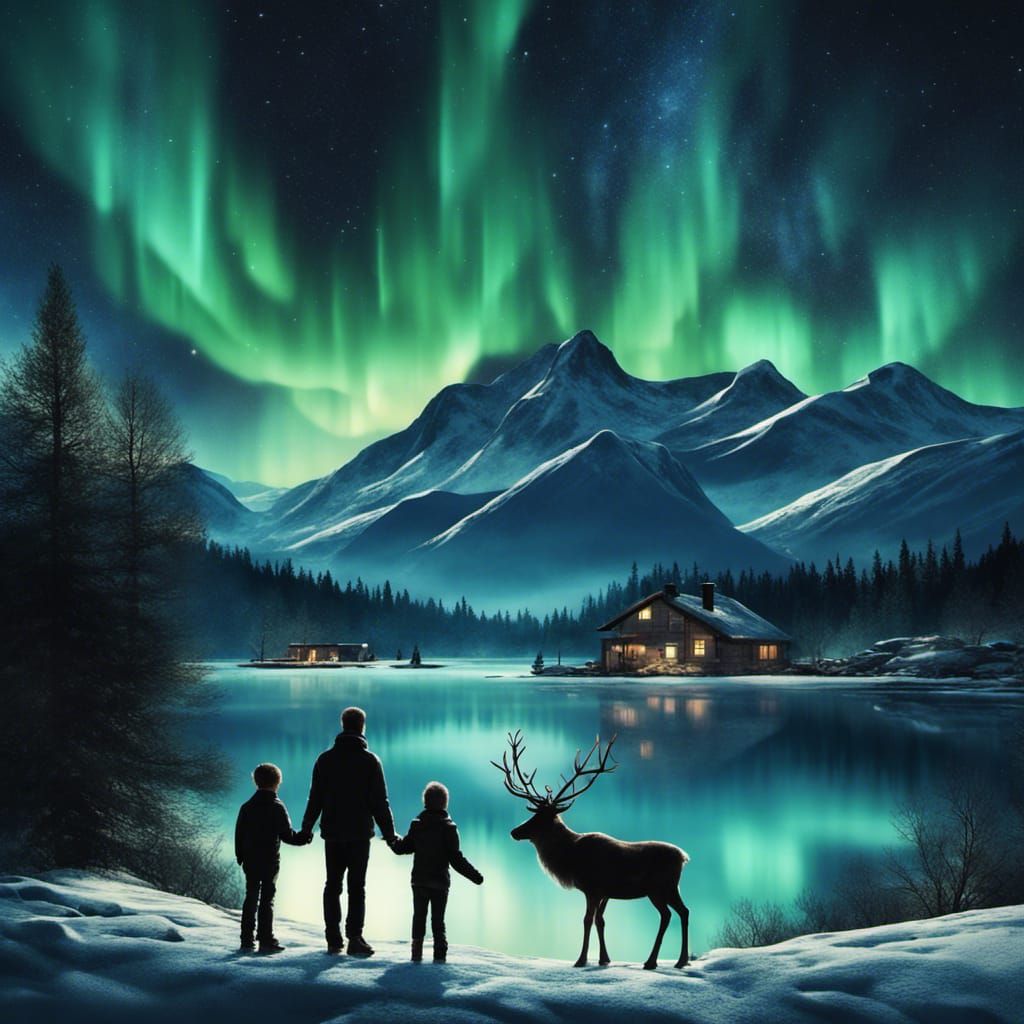 Breathtaking Northern Lights Landscape with Family