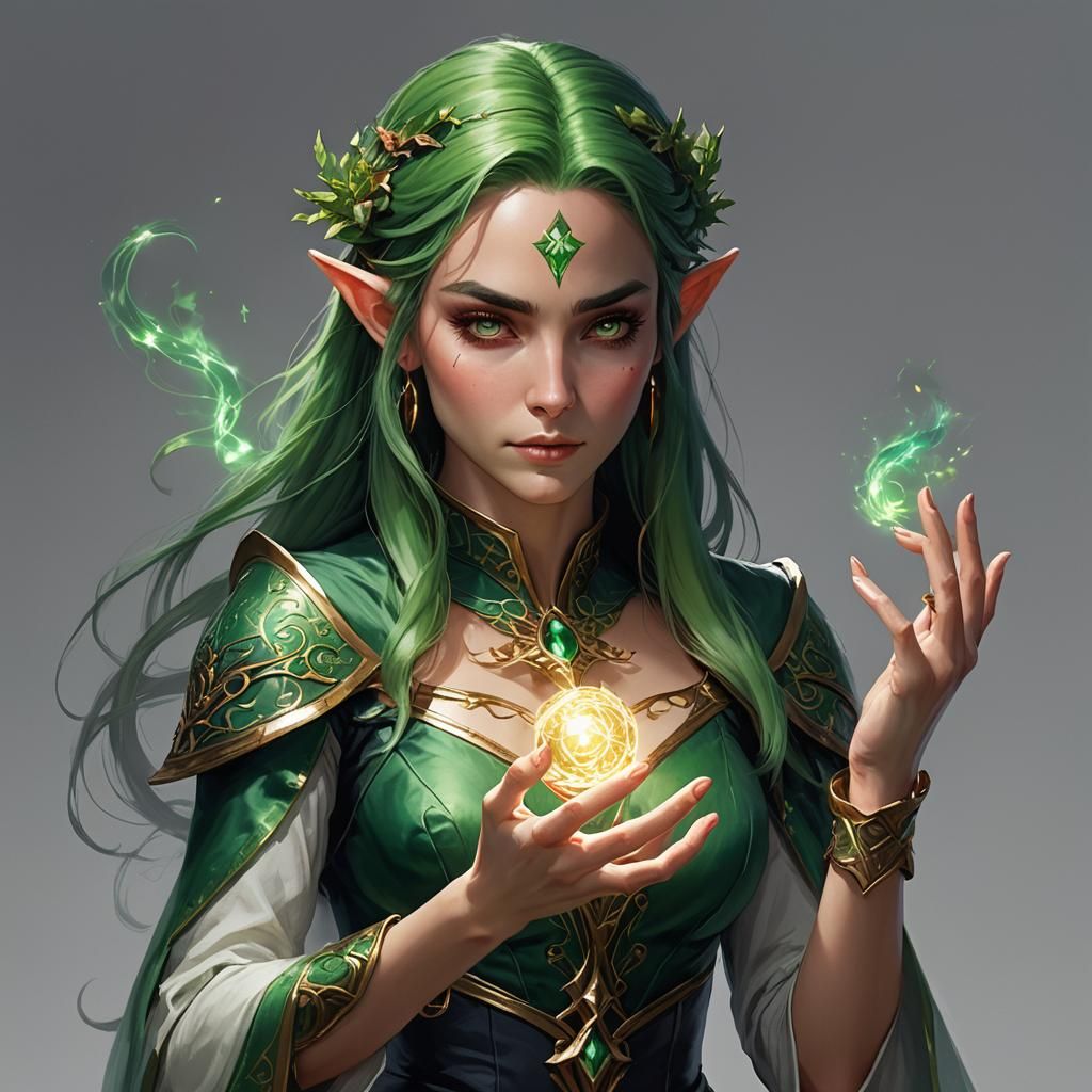 Elf Invoking Green Magic in Ancient Temple