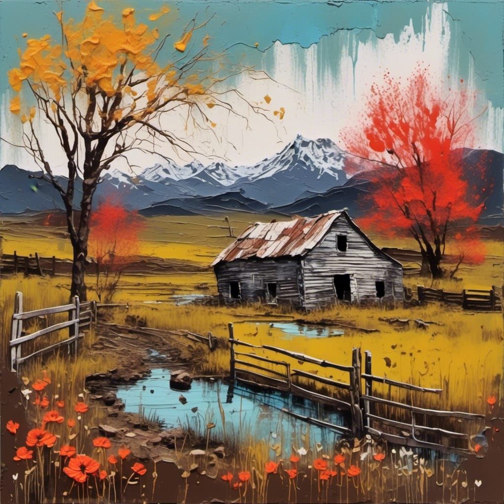 Abandoned Farmhouse Landscape as Impasto Painting